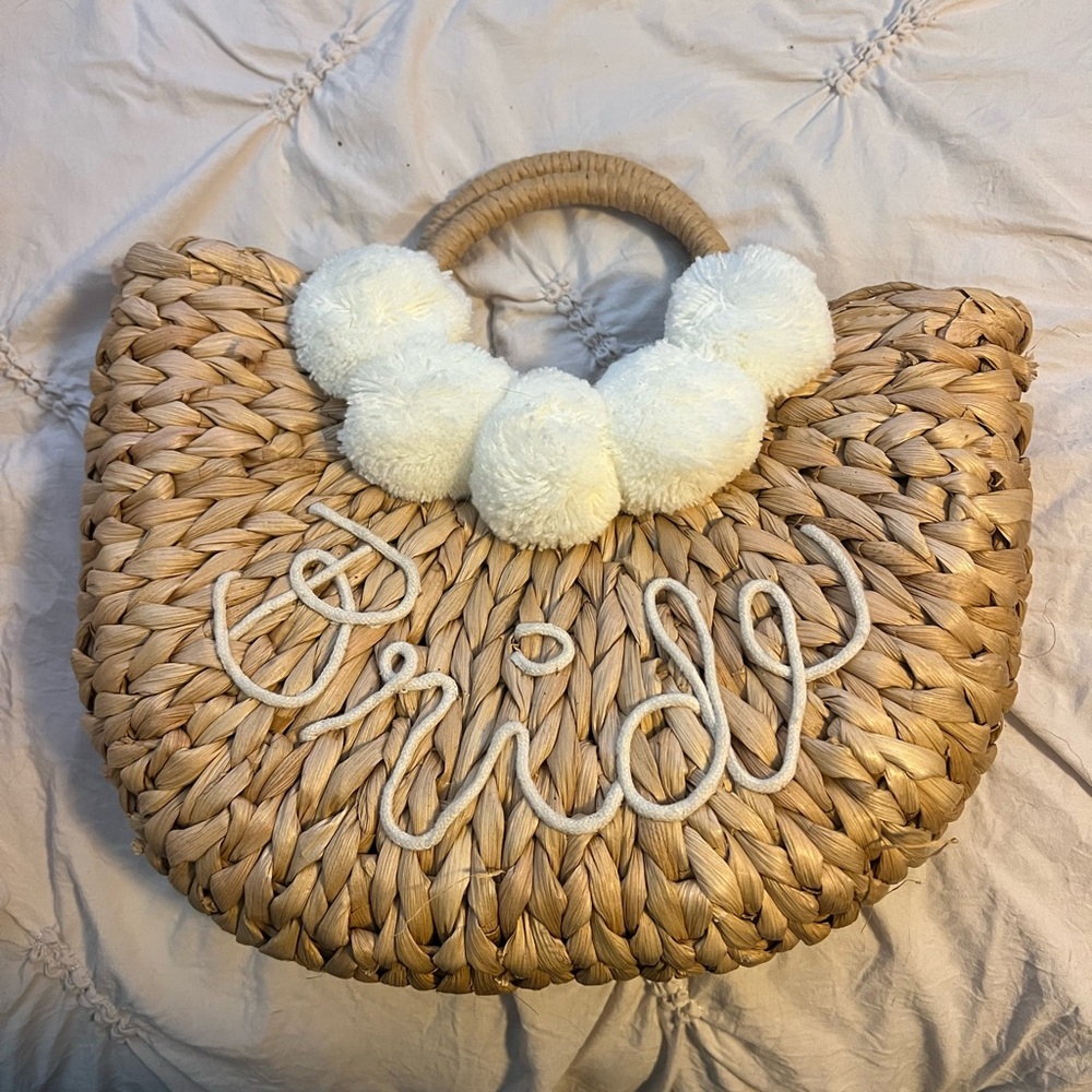 Woven Bridal Tote with Pom Poms